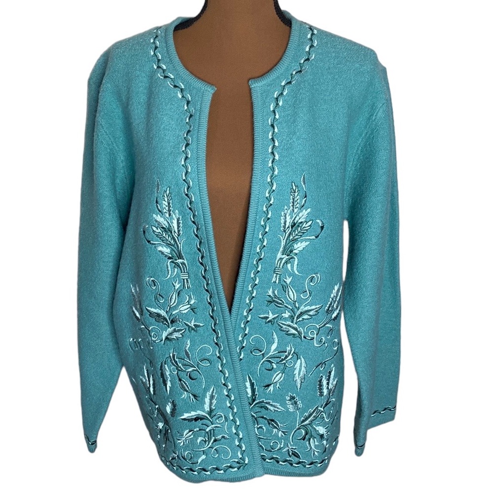 Linea by Louis Dell’Olio teal wool open front embroidered knit jacket size M